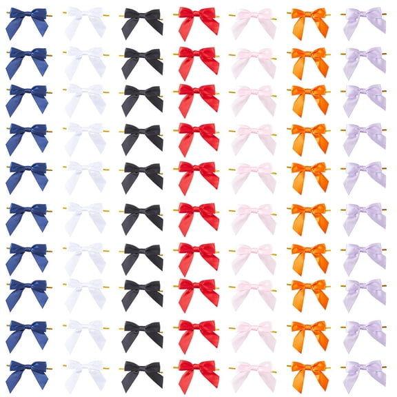70Pcs 7 Colors Rainbow Ribbon Twist Tie Bows Assorted Morandi Premade Satin Ribbon Bowknot Grosgrain Pretied Premade Craft