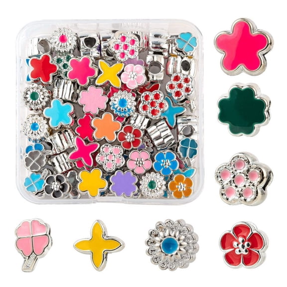 70Pcs 7 Style Flowers Plants Series Acrylic European Beads with Enamel Large Hole Beads Clover Letter X Flower Flower with Concave Dots Mixed Color