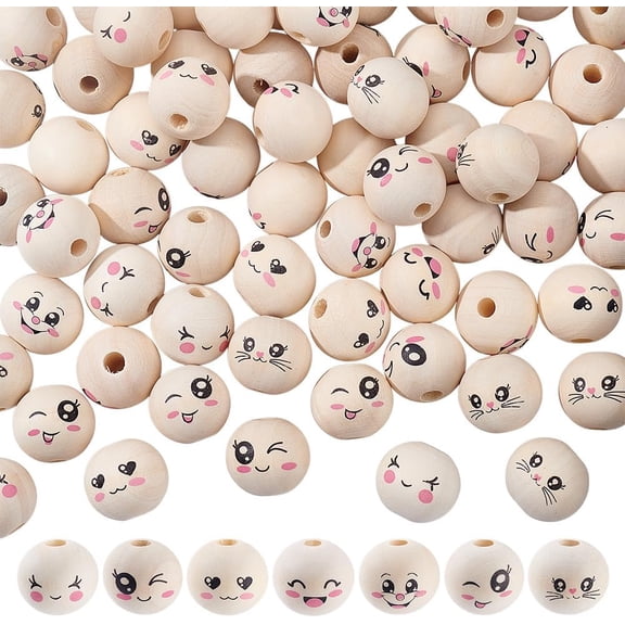 70Pcs 7 Styles Round Wood Beads Face Wooden Beads Cute Face Head Bead Rondelle Loose Spacer Printed Undyed Ball Bead