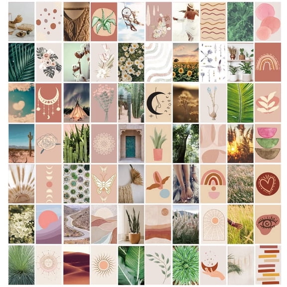 70Pcs Boho Wall Collage Kit Aesthetic pictures 6x4inch Cute Decor for teen girls Plant Wall Art 70 pictures with 20 stickers extra