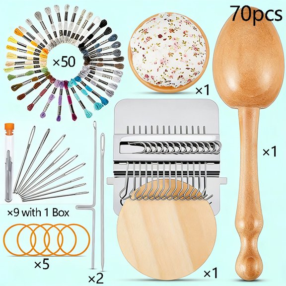 70Pcs Darning Loom Kit, Knit Patch Kit with Darning Egg and Mini Weaving Loom, 14 Crochet Hooks, 9 Darning Needles for Yarn, 50 Color Threads, Wood and Metal Repair Tool for Hand Knitting and Gifts