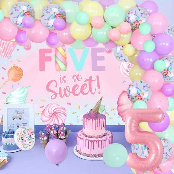 70Pcs Five Is so Sweet Dessert Theme Decoration Ice Cream Backdrop Sweet Candy Photography Background Cloth Donut Girl 5th Birthday Decor for Girls Five Years Old Summer Ice Cream Sweet Supplies