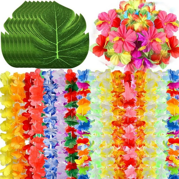 70Pcs Hawaiian Luau Party Supplies,Tropical Leis,Palm Leaves&Hibiscus Flowers for Birthday Baby Shower Beach Pool Party