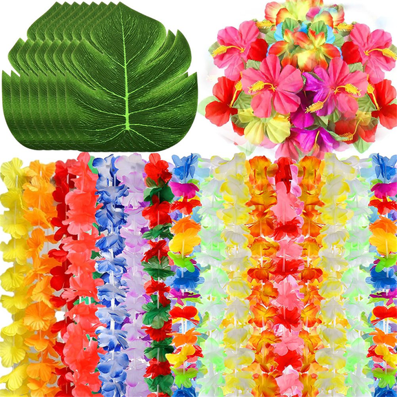 70Pcs Hawaiian Luau Party Supplies,Tropical Leis,Palm Leaves&Hibiscus Flowers for Birthday Baby Shower Beach Pool