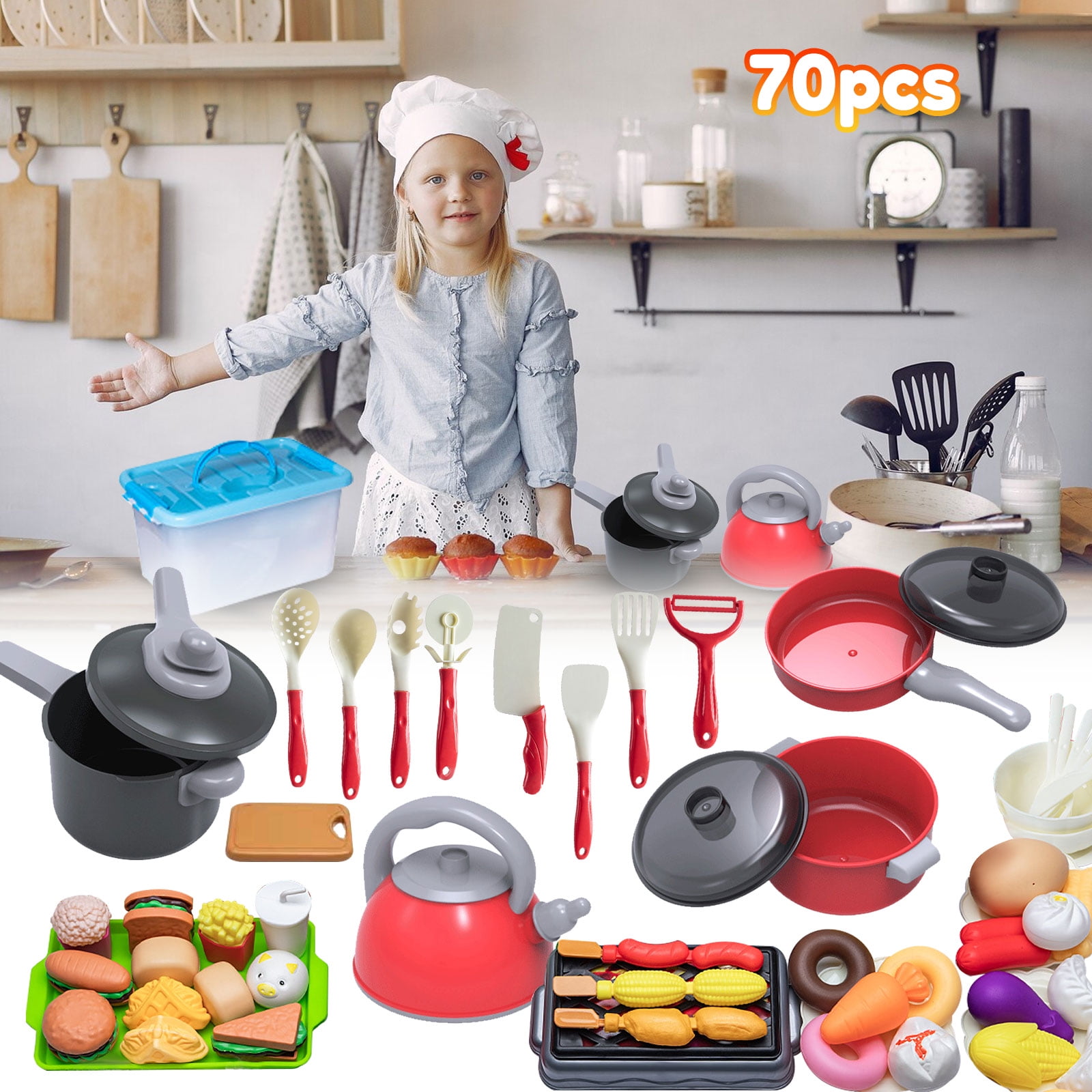 70Pcs Kids Play Kitchen Toy, Toddler Pretend Cooking Playset with Pots