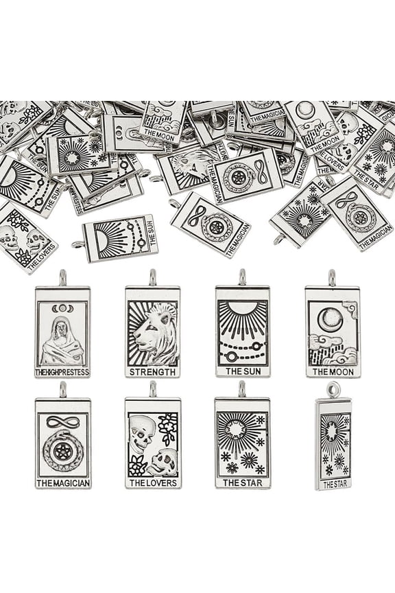 70Pcs Metal Tarot Card Charms 26mm Silver Sun Moon Tarot Card Pendants Rectangle Tarot Card Dangle Pendants Tibetan Style Charms for Jewelry Making Hole: 2mm