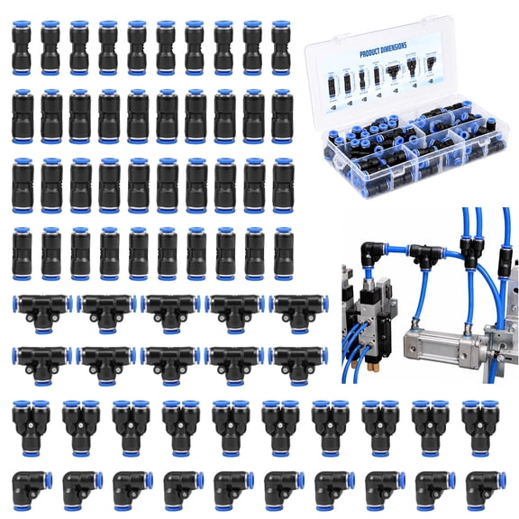 70PCS Quick Connect Air Hose Fittings Assortment, Push to Connect Pneumatic Fittings with Straight, Elbow, Tee, Splitter and Reducer Connectors for PU PE Nylon PA Tubing, Air Compressor and Pneumatic
