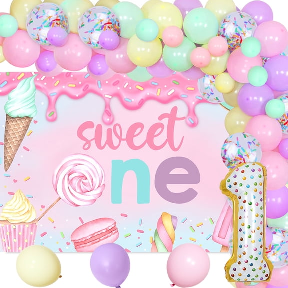 70Pcs Sweet One Dessert Theme Decorations Ice Cream Backdrop Sweet Candy Photography Background Cloth Donut Girls First Birthday Decor for Girls 1st Summer Ice Cream Sweet Party Celebrate Supplies