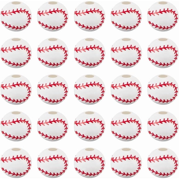 70Pcs Wood Baseball Beads Sport Bead Bulk White Wooden Painted Round Sports Ball Softball Baseballs Shaped Loose Spacer Beads DIY