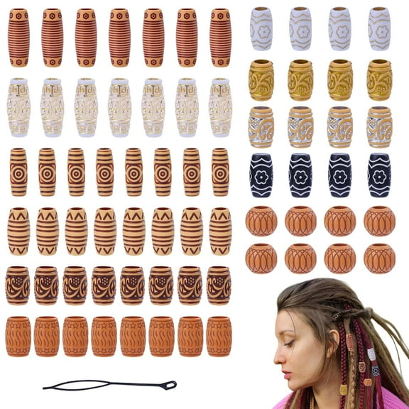 70Pcs Wooden Hair Tube Beads Dreadlock Beads DIY for Hair Beard Ornaments Hair Jewelry DIY for Braids Loc Dreadlock Beads Jewelry Tube Barrel Beads Mixed Style Accessories DIY for Women and Men