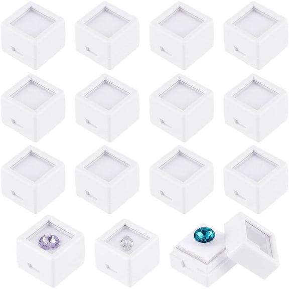 70Psc White Gemstone Display Box 0.78x0.78x0.63Inch Plastic Transparent Bare Stone Box Square Gem Box with Clear Top Lids for Gems Jewelry Packing 1set