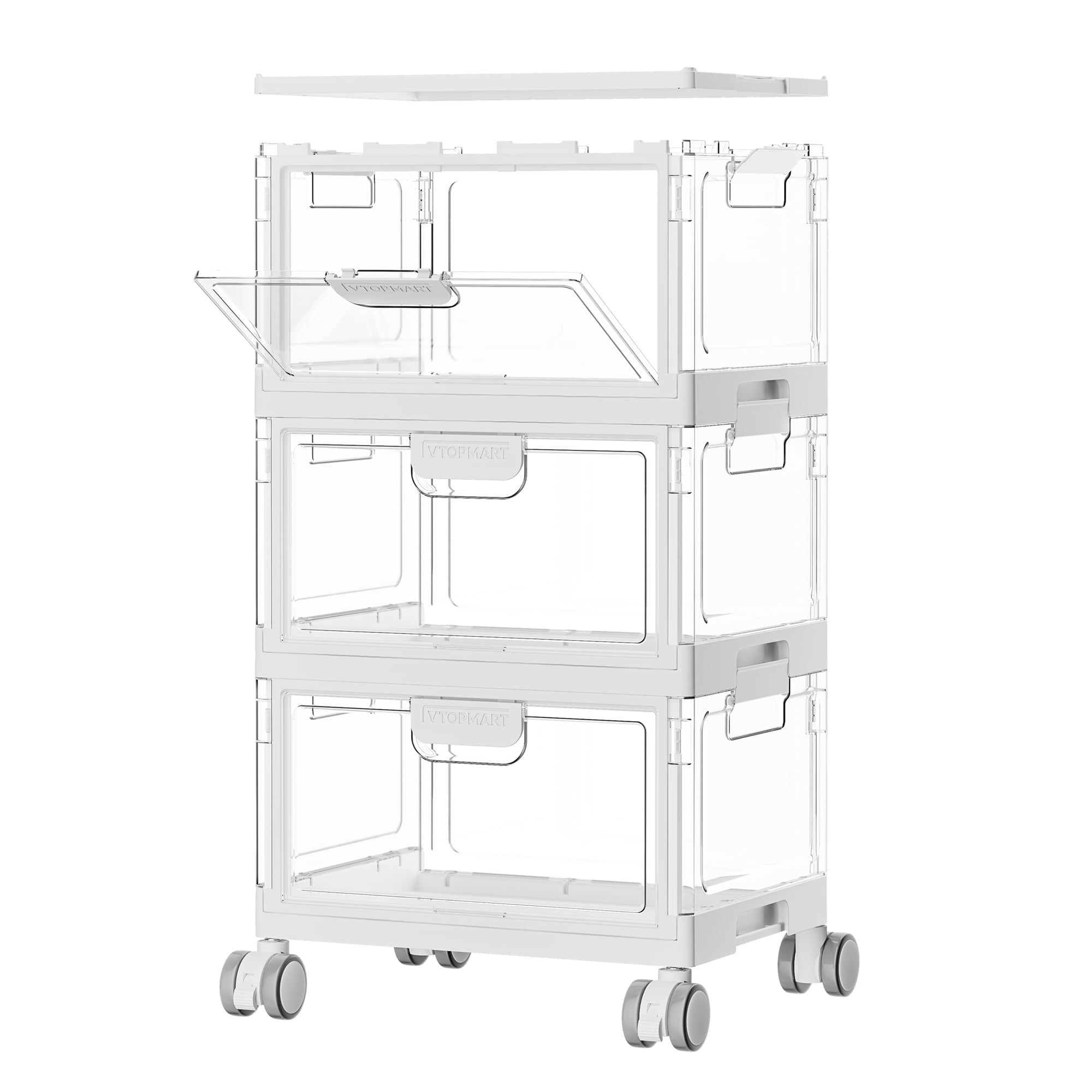 Sindcom 3-Layer Stackable Storage Bins, 72Qt Foldable Large Storage Containers with Lids, Storage Bins with wheels for Home Office Bedroom, Bathroom, White