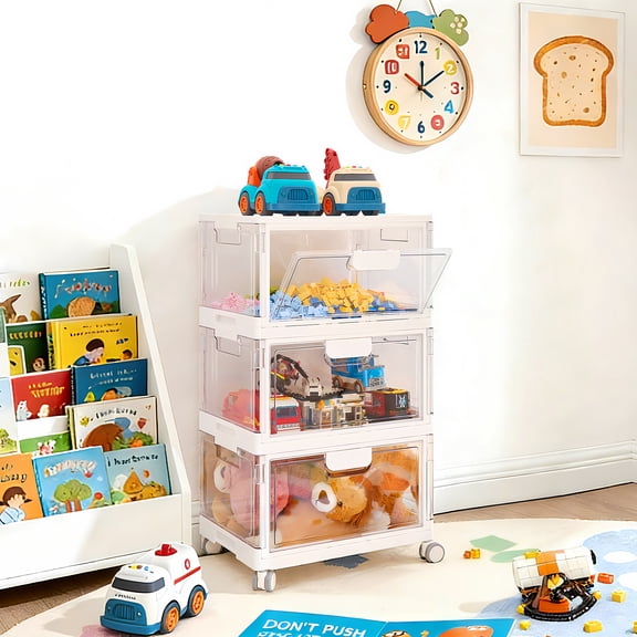 Kids Toy Storage Organizer with Clear Bins & Wheels, 72Qt Foldable Stackable Storage Containers with Lids for Baby Diapers, Wipes, Toys, Nursery & Playroom Organization, White