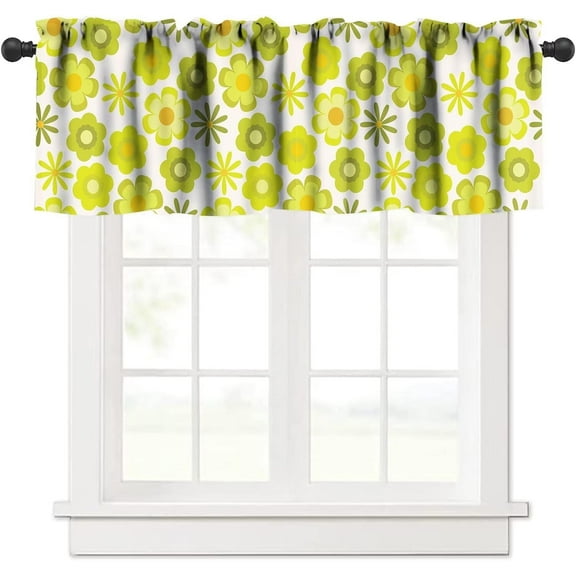 70S Cute Floral Valance Curtain Retro Groovy Yellow and Lime Green Flowers 1970''s 60''s Style Rod Pocket Valance Window Treatments 1 Panel Short Curtains for Kitchen Farmhouse 54 x 18 in