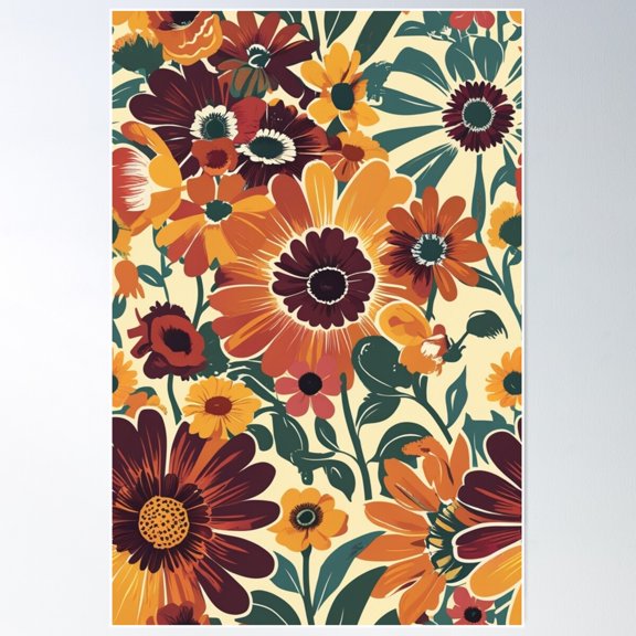 70S Floral Pattern – Bold Retro Daisies & Sunflowers Poster Wall Art, Modern Wall Decor For Living Room Bedroom, 16x24 UNFRAMED