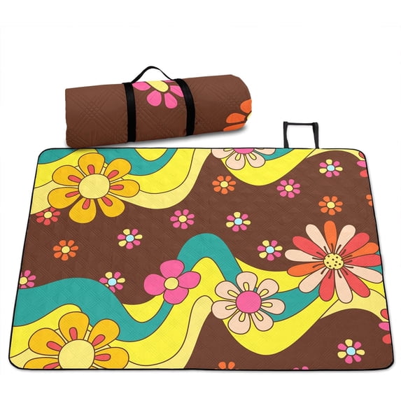 70S Groovy Flowers Picnic Blankets 60x80 Psychedelic Hippie Flower Picnic Mat Groovy Floral Picnic Outdoor Blanket for Kids Girls Teen,Cute Boho Wavy Aesthetic Picnic Outdoor Blanket