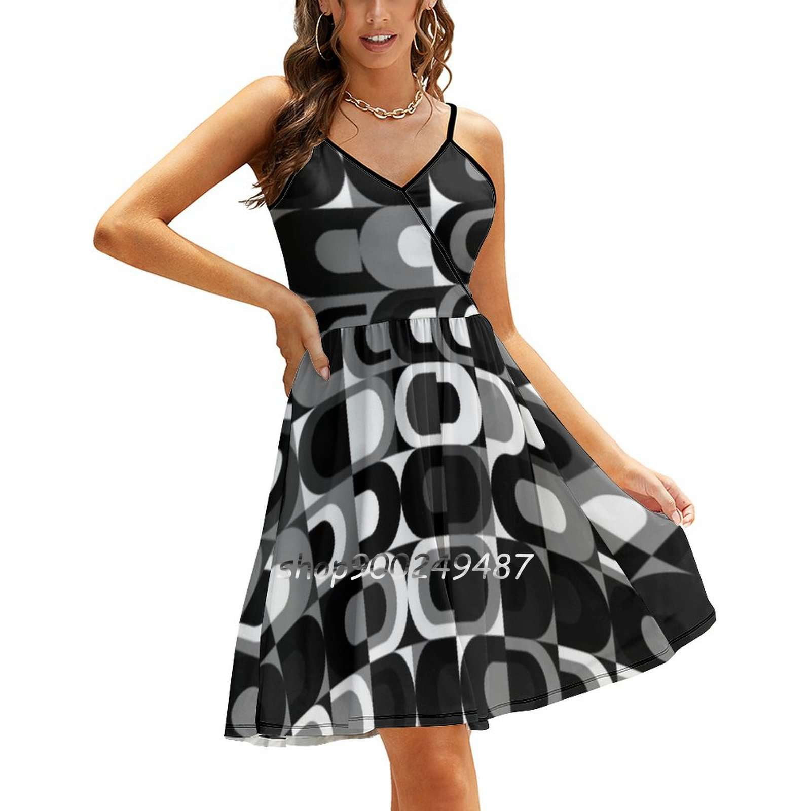 70S Pattern Retro Industrial Black And White Sweet Elegant Dress Women ...
