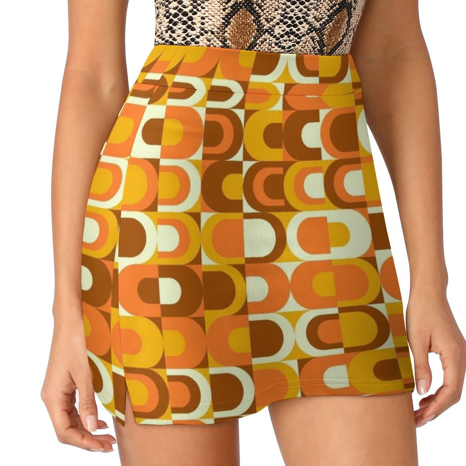 70S Pattern Retro Inustrial In Orange And Brown Ts Women s skirt With Hide Pocket Tennis Skirt Golf Skirts Badminton Skirts Walmart