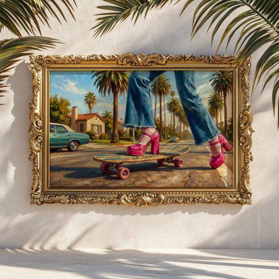 70S Platform Heel Skateboard Art Print Retro La Skate Palm Tree California Wall Art, Unframed Paper Print