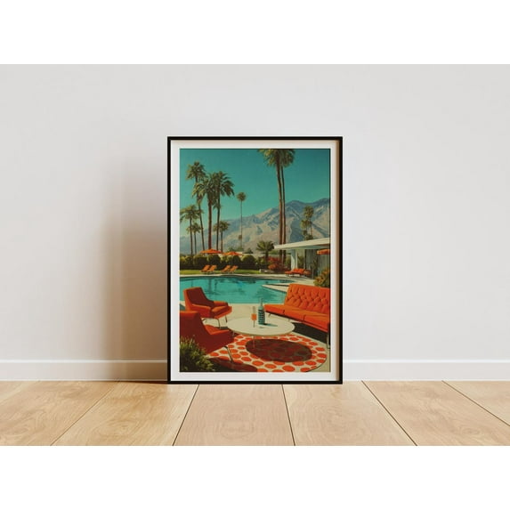70S Poolside Lounge Print, Palm Springs Print With Mountains And Retro Chairs, Him Or Home Home Decor #2512, 8x12 UNFRAMED