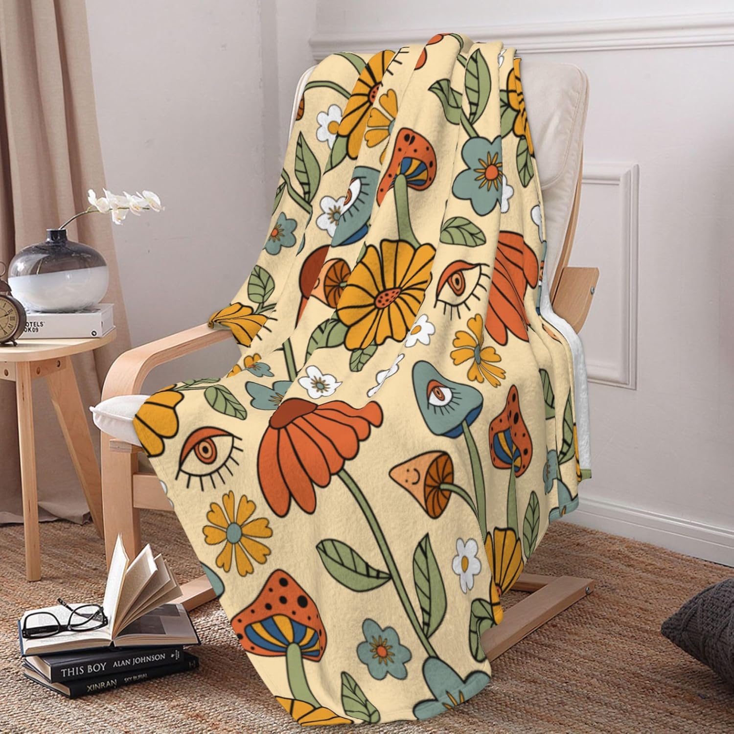70S Retro Mushroom Floral Blanket for Couch Bed Throw Blanket