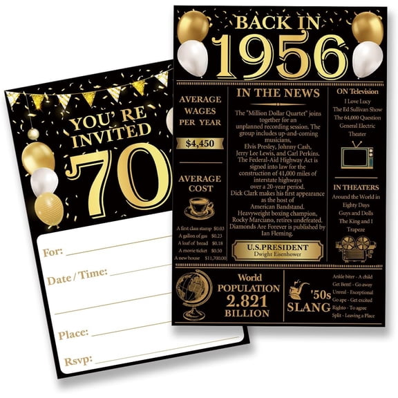 70Th Birthday Party Invitations for Women Men - Back in 1956 Invites