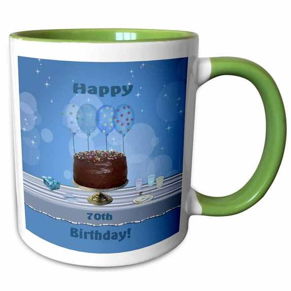 3drose, 70th Birthday Party with Chocolate Cake and Blue Balloons, 11oz Two-tone Green Mug
