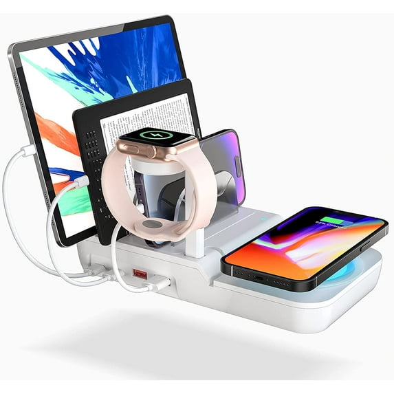 70W Charging Station for Multiple Devices, 5 in 1 Fast Charging Dock with 10W Max Wireless Charger and 4 Ports (White)