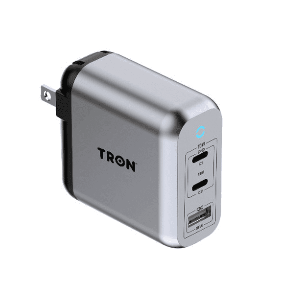 TRON 70W GaN Fast Charger, 2 USB-C and 1 USB-A 3 Port PD PPS Wall Charger with Foldable Plug, for iPhone 16 15, Android Phones, Laptops, Tablets, and More, Space Gray Compact Travel Block