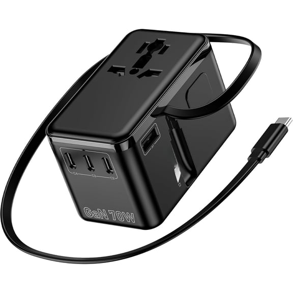 70W GaN  Travel Adapter, Retractable USB-C  + 4 USB-Port + 2500W AC Outlet, International Power Adapter with  EU UK AUS Plugs for 200+ Countries,   Laptops Phones