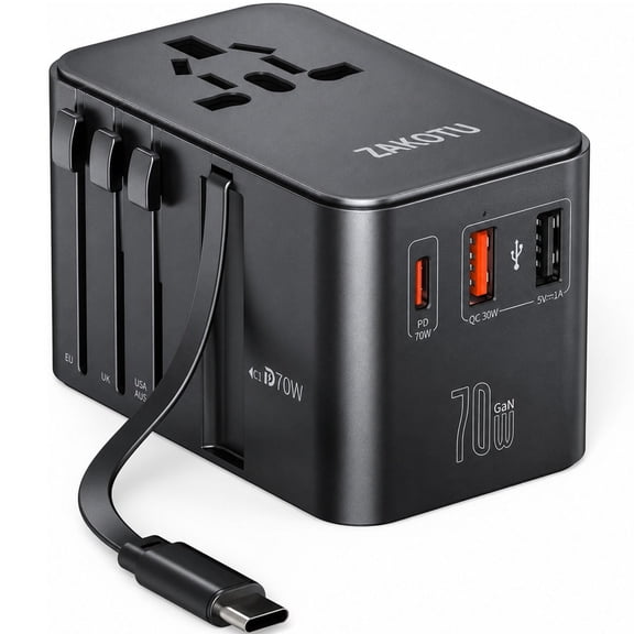 70W Universal Travel Adapter with Built-in USB-C Cable, 5-in-1 International Power Adapter with PD 3.0 & QC Fast Charging, Worldwide Plug Adapter for USA EU UK AUS, Type A/C/G/I Travel Charger