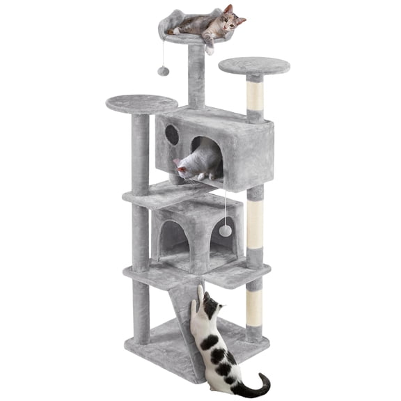 70in Cat Tree for Indoor Cats, Multi-Level Cat Tower with Scratching Posts, Dangling Toys, Condos and Plush Perches, Pet Furniture for Climbing Play and Rest, Light Gray