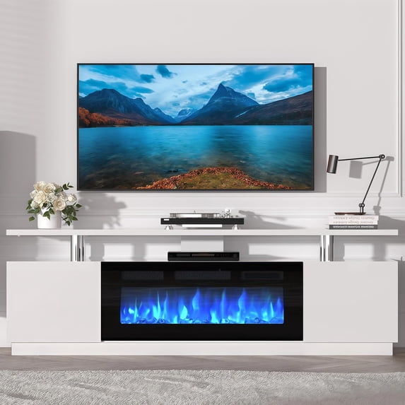 70in Fireplace TV Stand Fits TVs Up to 80'', Modern Entertainment Center with 36in Electric Fireplace Heater, Media Console with 12 Colors LED Lights 2 Storage Cabinets for Living Room Bedroom