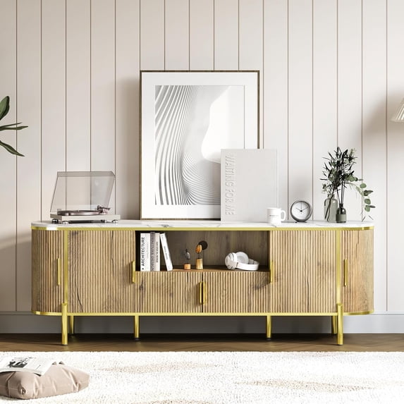 70in Fluted TV Stand, Curved Profile Sliding Doors Design TV and Media Console Table with Faux Marble Top and Adjustable Shelves, Entertainment Center for Living Room, Bedroom