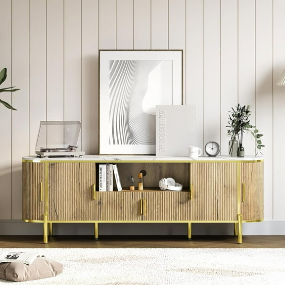 70in Fluted TV Stand, Curved Profile Sliding Doors Design TV and Media Console Table with Faux Marble Top and Adjustable Shelves, Entertainment Center for Living Room, Bedroom