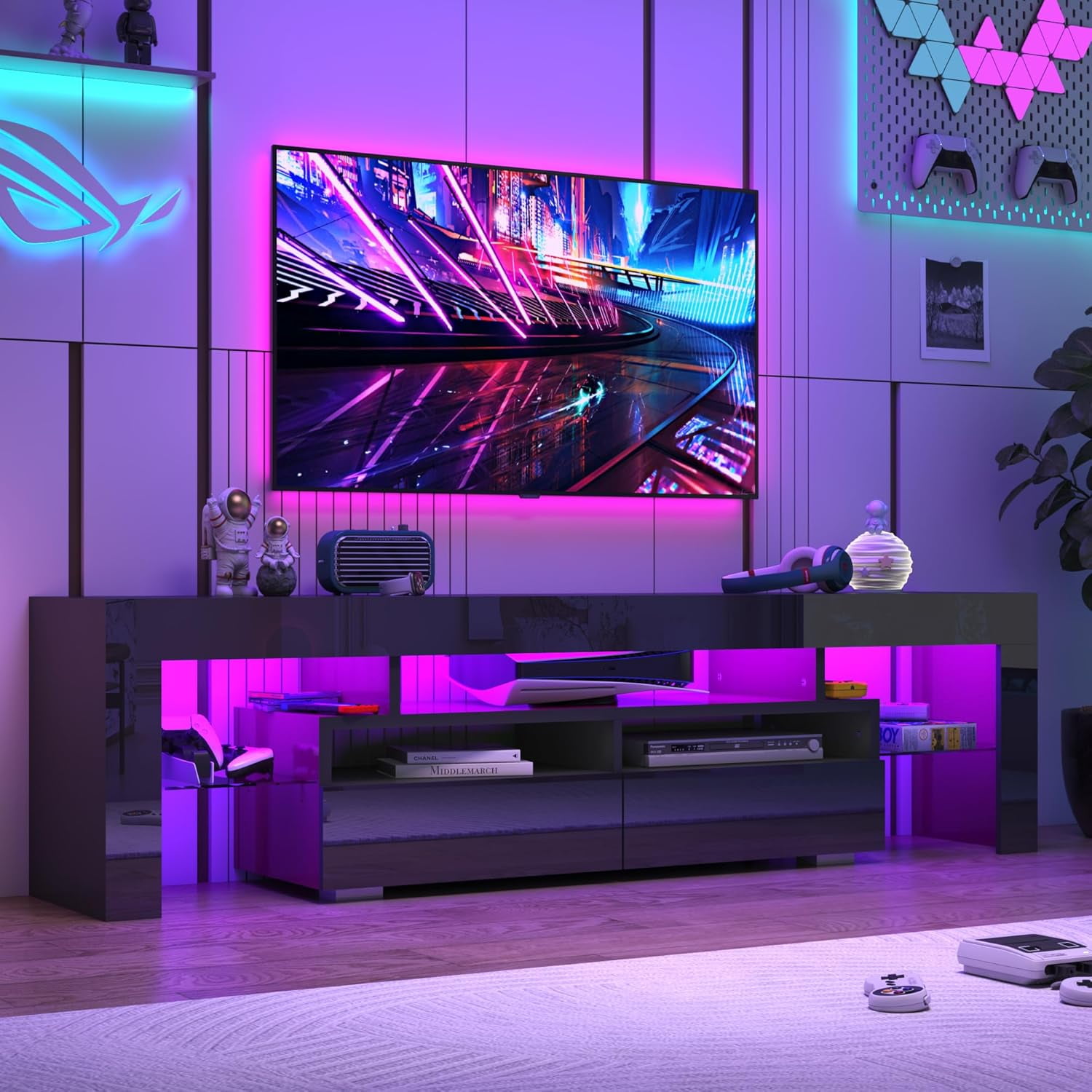 70in LED TV Stand for 75/80/85 inch TV,Modern Black TV Stands for