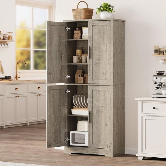 70in Tall Freestanding Kitchen Pantry Cabinet with 4 Doors & Adjustable Shelves, Large Utility Hutch Cupboard Storage for Dining Bathroom Living Room, New Gray
