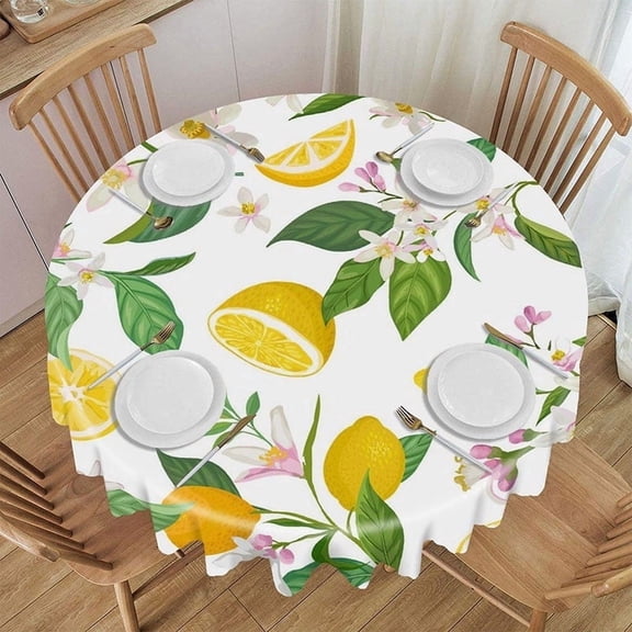 70in Yellow Lemon and Floral Round Tablecloth for Spring Summer Dining