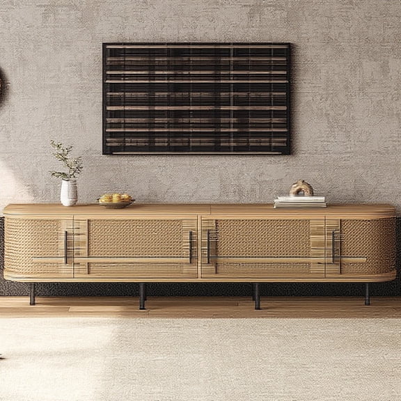 70inch Modern TV Stand with Rattan Doors for TVs up to 80", Media Console with Storage Space & Cable Management