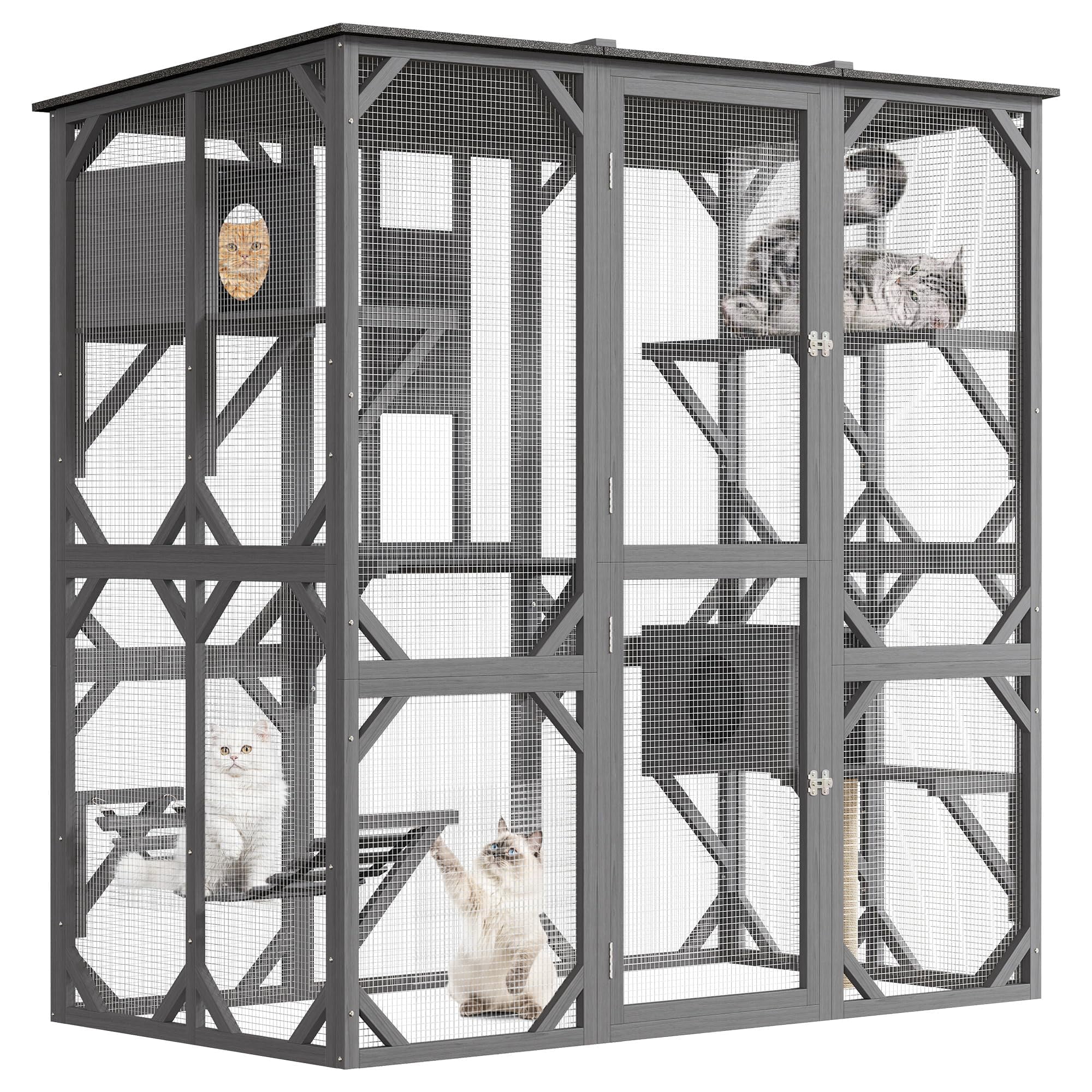 70inch Walk-in Catio with Window Access,Outdoor Cat Enclosure with Perches&Condos Cat House with Waterproof Roof,Cat Hammock Shelter Platforms & Resting Box,Walk-in Kitty Playpen for Patio/Backyard