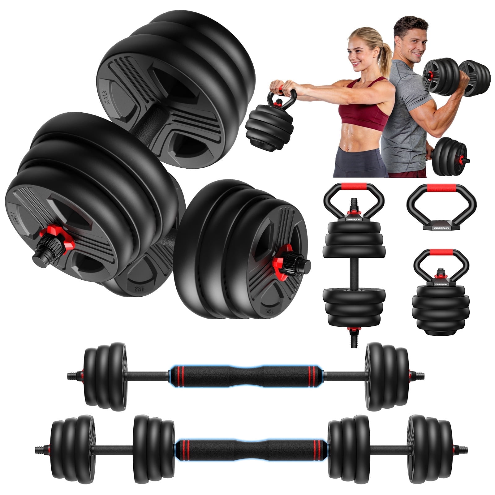 70lbs Free Weight Set with Connector, 5 in1 Dumbbells Set Used as Barbell, Kettlebells, Push up Stand, Fitness Exercises for Home Gym Suitable Men/Women
