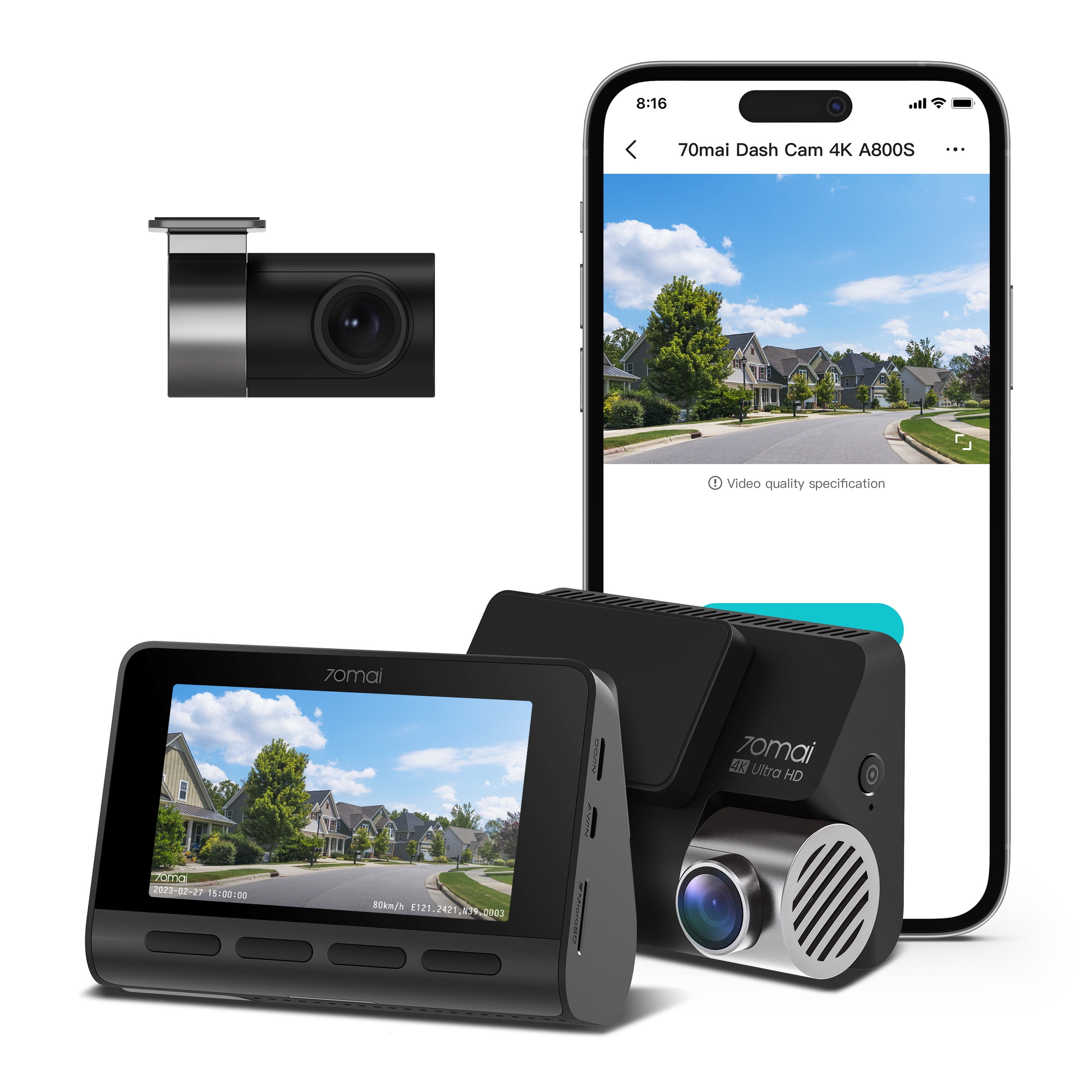 70mai True 4K Dash Cam A800S with Sony IMX415, Built in GPS, Super Night  Vision, 3'' IPS LCD, Parking Mode, ADAS, Loop Recording, iOS/Android App