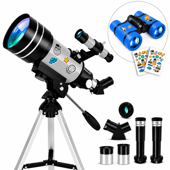 70mm Aperture Refractor Telescope for Adults & Kids, 300mm Beginner Astronomy Telescope with Tripod, Phone Adapter & Mini Binoculars