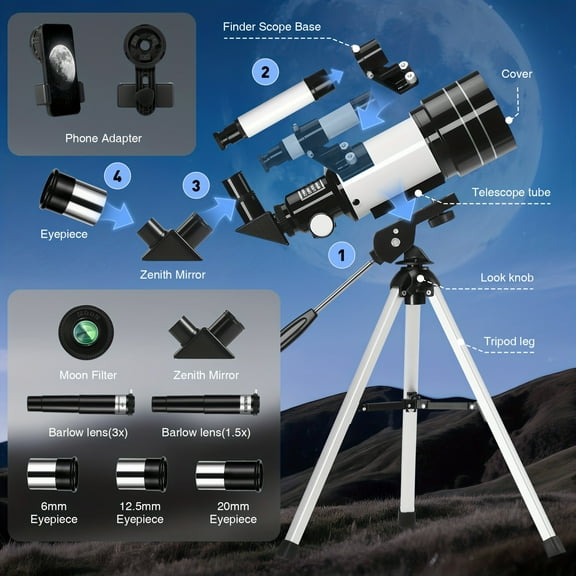 70mm Aperture Telescope 150X High Power for Adults, Portable Astronomical Refractor with Tripod & Phone Adapter, Beginner Monocular Telescope for Valentine's Gift Men Husband