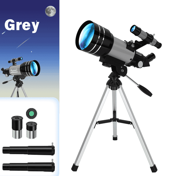 70mm Refractor Telescope for Kids and Beginners, 300mm Focal Length with Eyepieces, Barlow Lenses, Short Tripod and DIY Stickers