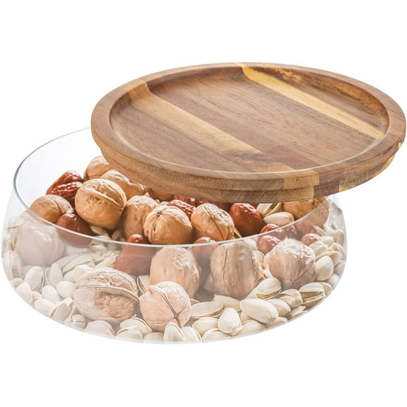 70oz Clear Glass Candy and Nuts Serving Container, Glass Salad Bowl with Wooden Lid Round Food Storage Platter Snack Tray Food Storage Box for Home Kitchen Party Candy Nuts Fruit