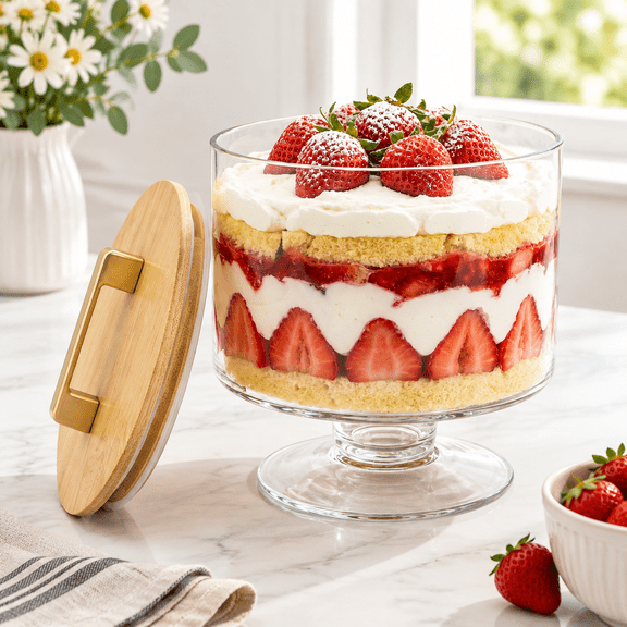 70oz Glass Trifle Serving Bowl with Pedestal, Lid, and Wooden Handle for Layered Desserts, Parties