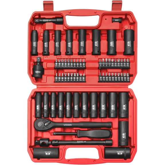 70pcs 3/8" Drive Impact Socket Set,Standard SAE(5/16 to 3/4-Inch) Metric Size(8-22mm), CR-V Steel Deep Socket Kit, Adapters, Ratchet Handle, Screwdriver Bit Set, Sliding T Bar, 6 Point
