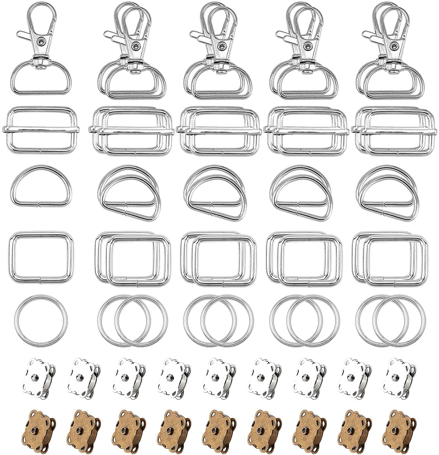 70pcs 6 styles Metal bag Clasp Kit Including 10pcs Lobster Claw Clasps 10pcs Rectangle Ring 10pcs D Rings 10pcs O Rings 10pcs Slider Buckle 20pcs Snap Clasps for DIY bag Making