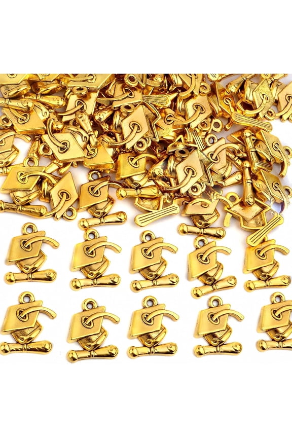 70pcs Antique Golden Graduation Cap Charms Alloy Doctorial Hat with Graduating Diploma Dangle Pendants for DIY Jewelry Making Graduation Party Gifts Decor